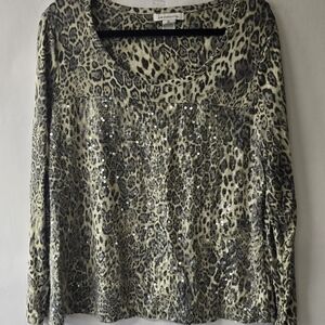 Liz Claiborne Animal Print Sequin Long Sleeve Top